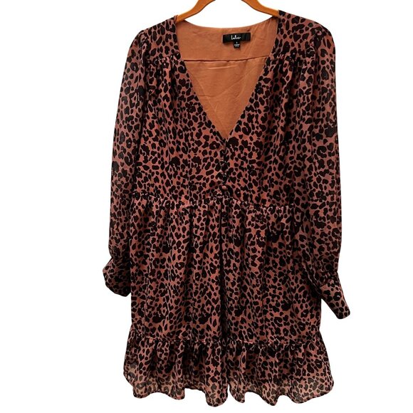 Lulus Small Leopard Print Tiered Romantic Coquette Baby Doll Dress Long Sleeve - Picture 3 of 11
